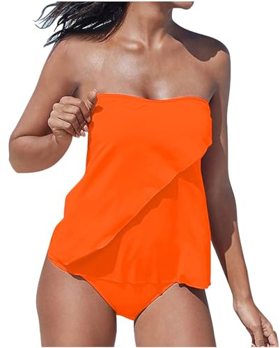 Bandeau Tankini for Women with Shorts UK Sale Two Piece Strapless Swimsuits Tummy Control Swimwear Plain Swim Briefs High Waist Trunks Beach Bathing Suit Tankinis Sets Swimming Costume Ladies Orange