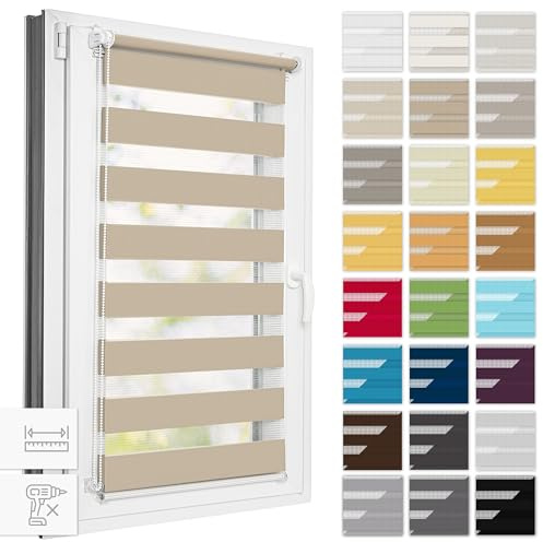 Estika Doppelrollo Klemmfix ohne Bohren, Breite alle 1 cm - 70 cm x 220 cm - Sandstrand - Tag und Nacht Duo Rollo, Rollos für Fenster ohne Bohren, Fenster Sichtschutz