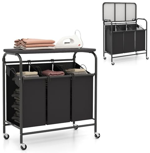 COSTWAY Wäschekorb mit Bügelbrett, Wäschesammler mit 3 Fächern & Deckel, Wäschesortierwagen mit Rollen, Wäschebox ausziehbar für Badezimmer Waschküche, 80,5 x 41,5 x 87,5 cm