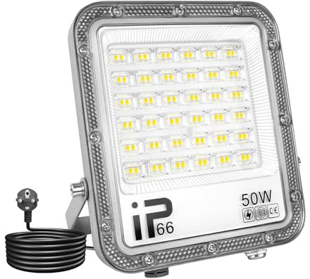 SKYWORLD 50W LED Strahler Außen 1 Stück,LED Strahler Außen 6500K Kaltweiß LED Scheinwerfer,Wasserdicht IP67 Lampe Flur Strahler mit Stecker für Hinterhof Einfahrt Garage Flur Garten