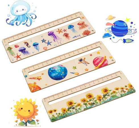 Wuzdy 3 Stück Kinder 1 Klasse Lesezeichen Holz, Holz Lesezeichen Kinder | Lineal Personalisiertes Lesehilfe mit Lineal aus Holz Kinder Lesehilfe, Geschenk zur Einschulung, 18cm