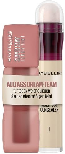 MAYBELLINE New York Teddy Tint, matter Lippenstift für teddy-weichen, langanhaltenden, 15 Skinnydip, 5 ml + Instant Anti-Age Effekt Concealer, Mikro-Lösch-Applikator, Nr. 01 Light, 6,8 ml