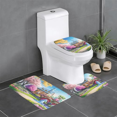 GaJher Unicorn Fairy Tale - Juego de 3 alfombras de baño de franela en forma de U para suelo de inodoro y tocador, lavables, tapetes de baño