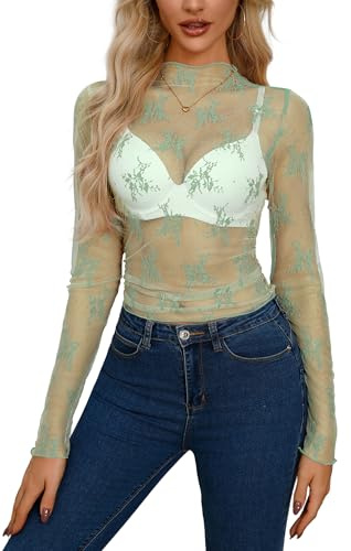 Sexig t-shirt för kvinnor, nätöverdel, transparent topp, grön, S