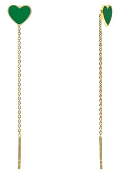 Aka Gioielli® - Pendientes Colgantes con Cadena y Corazón Verde en Plata de Ley 925 Dorados, Pendientes de Hilo Largos para Mujer y Chica
