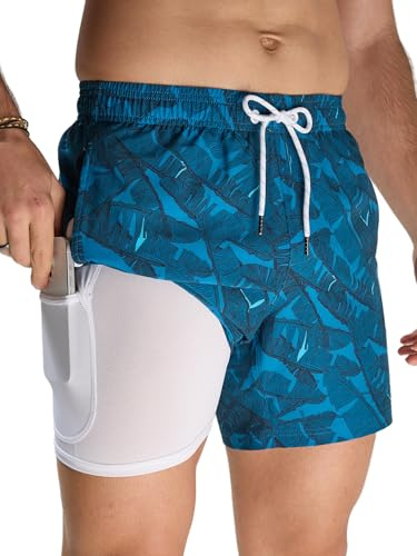 Arcweg badshorts för män med kompressionsfoder badbyxor för män 2-i-1 badshorts med foder med blixtlåsfickor snabbtorkande surfing stretchiga strandshorts, Blått bananblad, S