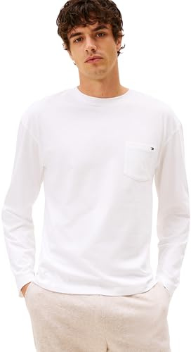Tommy Hilfiger Camiseta de Manga Larga Hombre Pocket tee con Cuello Redondo, Blanco (TH Optic White), XS