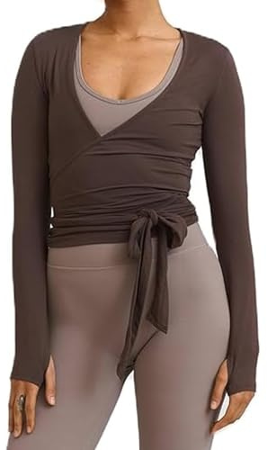 BABWWNIX Y2k Ballet Pilates Wrap Top for Women Long Sleeve Deep V Neck Tie Front Workout Yoga T Shirt Blouses Sports Tops (C-Coffee, M)