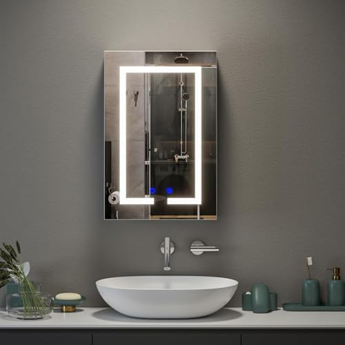 Spiegelschrank Bad mit Beleuchtung 40cm, Steckdose & 3 Farbtemperaturen | Dimmbarer Badezimmerschrank mit 3 Verstellbaren Regalen, Wandschrank, Entfogging-Funktion, Touch-Sensor, 40x60x15cm, Weiß