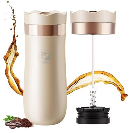 i Cafilas Stainless Steel Portable French Press 12oz Coffee Mug Travel French Press Coffee Maker for Camping and Travelling (Champagne-2306)