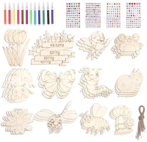 36 animales de madera para pintar, juego de manualidades para niños con pegatinas de piedras preciosas y lápiz de acuarela, para niños, empleo y decoración de cumpleaños infantiles, manualidades para