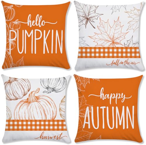 AMLOOPH Halloween Pumpkin Cushion Covers Set of 4, 45x45cm Soft Plush Autumn Throw Cushion Covers with Leaf & Pumpkin, Fall Orange Thanksgiving Harvest Decorative Pillow Cover for Sofa Couch Bed