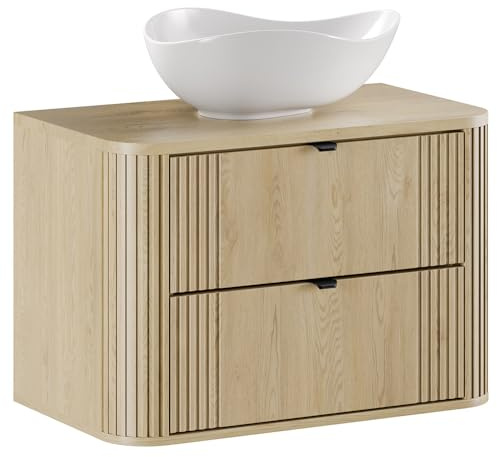 Lomadox Badezimmer-Waschtisch 80 cm breit in Eiche, Rillen, Waschtischplatte mit Keramik Aufsatzwaschbecken, Softclose-Schubladen, Metallgriffe, abgerundete Kanten
