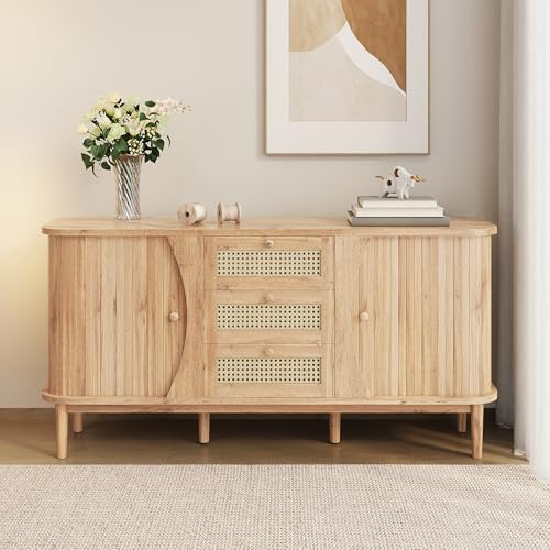 LANTRO JS Kommode Schmal mit Zwei Schubladen und Zwei Türen, Rattankommode mit Verstellbaren Einlegeböden, Holzfarbe