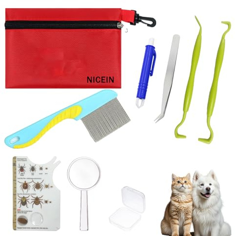 NICEIN Set de tiques pour humains, 2 leviers à tiques, 1 pince à tiques, 1 crochet à tiques et 1 peigne à tiques, 1 loupe, 1 carte à tiques, avec étui et sac