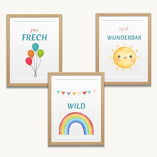 Lemina Affirmationsposter Kinder Bilder Kinderzimmer DIN A4 (21x30cm) Poster 3er Set Wanddeko Babyzimmer Deko Tierbilder (Frech Wild Wunderbar)