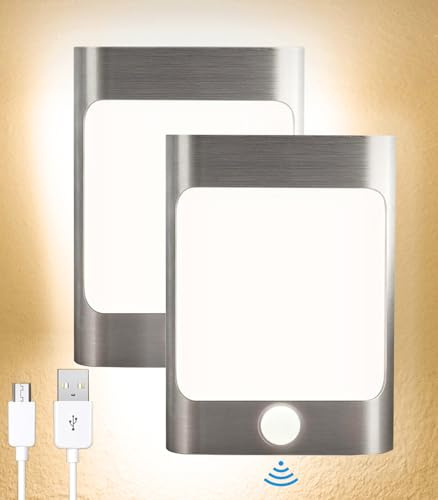 LED Nachtlicht mit Bewegungsmelder,2 Stück,Indoor Treppenbeleuchtung,2200mAh Batterie,USB Aufladbare,Wandleuchte mit Bewegungsmelder Innen,Intelligente Verknüpfung,Auto EIN/AUS,für Flur,Schlafzimmer