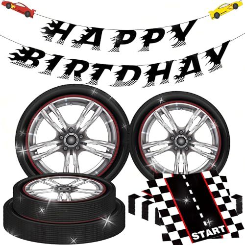 vajilla para fiesta de cumpleaños con tema de coches de carreras pancarta | vajilla para fiesta de cumpleaños con tema de coches de carreras pancarta feliz cumpleaños suministros platos de papel autos