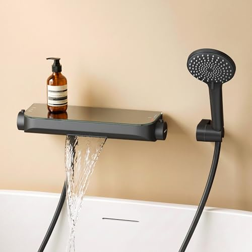doporro Système de Douche Thermostatique avec Douchettes Douche à Main | Noir Mat, Robinet Baignoire, Pommeau de Douche, en Laiton, avec Plateau de Rangement, pour Salle de Bain, Duschsystem8