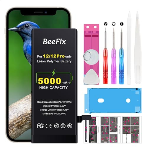 Beefix Batterie pour iPhone 12/12 Pro : Haute capacité 5000mAh Li-ION Battery de Rechange avec Outils de réparation Compatible avec Le modèle A2172, A2403, A2341, A2407