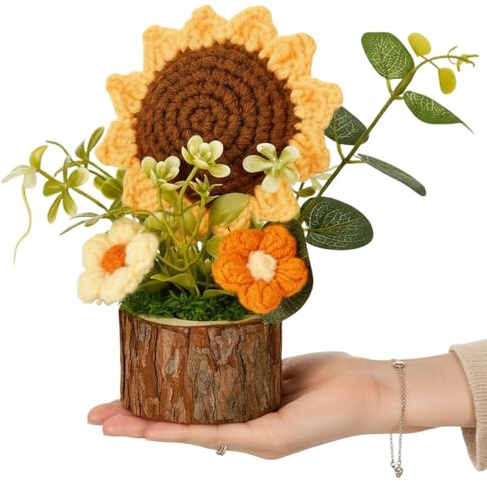 Crochet Flowers, Crochet Gifts, Handmade Crochet Sunflower Potted Plant for Women Office Desk Decor, Emotional Support Crochet, Positive Crochet Gifts for Birthday Mothers Day Graduations Christmas
