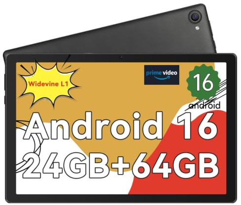 Whitedeer Android Tablet 10 Zoll - Android 16 Gaming Tablet mit 24GB+64GB+1TB TF, Tablet PC mit OTG-Übertragung und Wi-Fi 6G, Widevine L1, 6000mAh - Schwarz