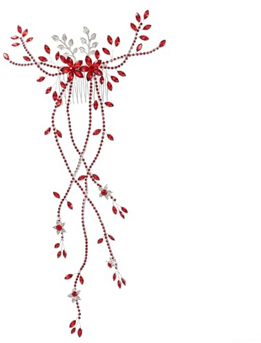 Wedding Headpiece for Bride, Rhinestone Hair Piece with Leaf Tassel Handmade Alloy Comb Wedding Hair Accessories - Red