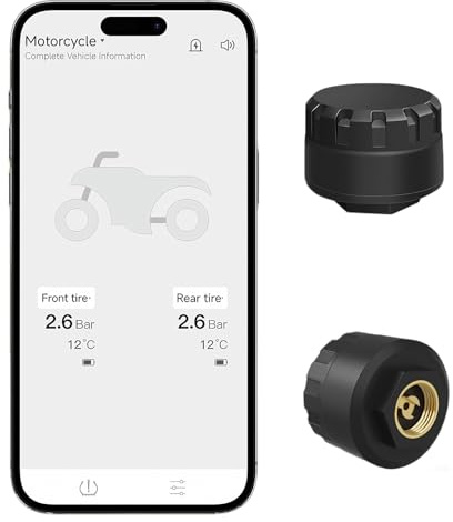 HUAJUN TPMS Reifendruck Kontrollsystem mit App, Intelligentes Bluetooth Motorrad, Drahtloser Reifendruck und Temperaturdetektor, 2 Externen Sensoren, Unterstützt iOS und Android, 0-8BAR/0-116PSI