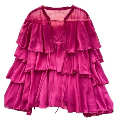 Dam volangblus dam skiktad chiffong blus långärmad höst vintage fest transparent ledig enfärgad lös volang bohemisk matchning
