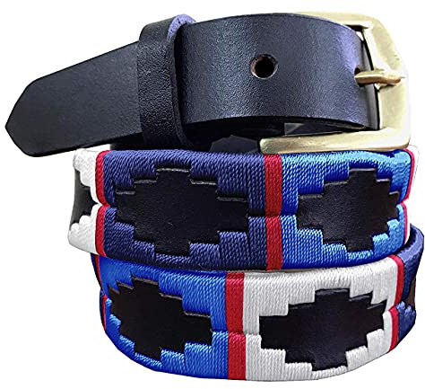 CARLOS DIAZ Dünner Herren Damen Unisex Braunes Leder Bestickt Polo Gürtel (80 cm/ 28 Inches)