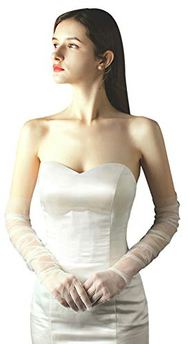QRBTSCL Women's Tulle long Wedding Bridal Glove Long Opera Party Gloves 27 Elbow Length Sheer Gloves Ivory
