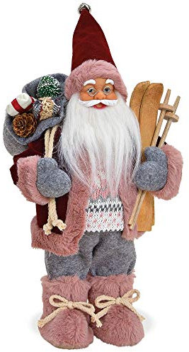matches21 Großer Weihnachtsmann Santa Nikolaus Sack & Ski rosa grau rot Standfigur Dekofigur Weihnachten 1 STK 18x30 cm