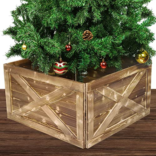 MCEAST Wooden Tree Collar Box 16.5 x 16.5 x 11.5 Inches Oversized Christmas Tree Skirt Tree Box Natural Christmas Farmhouse Wooden Tree Box Stand Cover for Christmas Rustic Party Supplies, Dark Brown