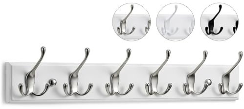 LARHN White Coat Hooks - Wall-Mounted Coat Rack - 6 Triple Matt-Nickel Coat Hooks for Wall - 59 cm - All Fixings Included for Quick & Easy Installation
