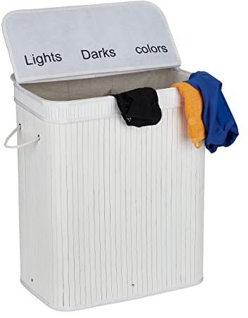 Relaxdays Wäschesortierer, Bambus, 3 Fächer, je 30 Liter, Wäschekorb mit Deckel, Griffe, HxBxT: 63 x 55 x 35 cm, weiß