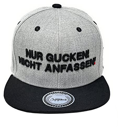 Outfitfabrik Snapback Cap Nur gucken Nicht anfassen in grau mit schwarzem Schirm und 3D-Stick (Statement), One Size, verstellbar, Unisex