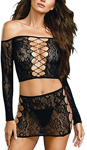 VicSec Lingerie Sexy in Pizzo Trasparente per Donna Indumenti da Notte Set di Babydoll Attillato Biancheria Intima Calzamaglia Svuotare Body Morbidi a Maniche Lunghe Profondo Mini Vestito 2-Pack
