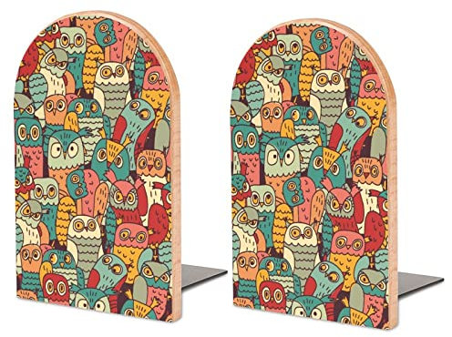 Packung Mit 2 Buchstützen Lustiges Eulen-Vogel-Farbmuster Rutschfester Bücherständer Aus Holz Bücherregal Bücherhalter Für Home Desk Office Library
