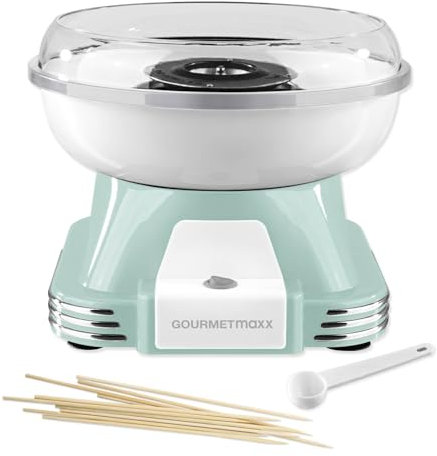 GOURMETmaxx Máquina de Algodón de Azúcar para el hogar | El Original con 10 palitos y Cuchara medidora en nostálgico diseño Retro en Color Menta | Mejor algodón de azúcar