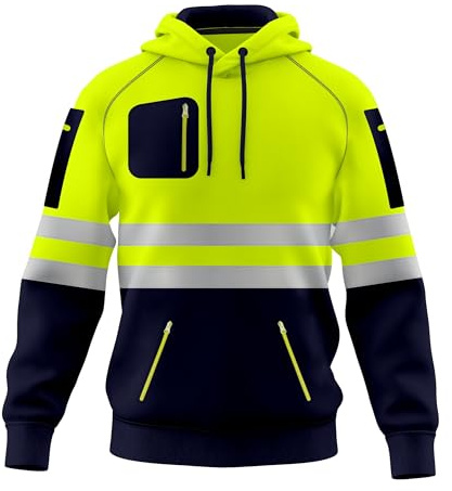 Felpa da lavoro da uomo ad alta visibilità, con cappuccio di sicurezza, con nastro riflettente, ad alta visibilità, con tasche multiple con cerniera, S-2XL, Giallo Navy, L