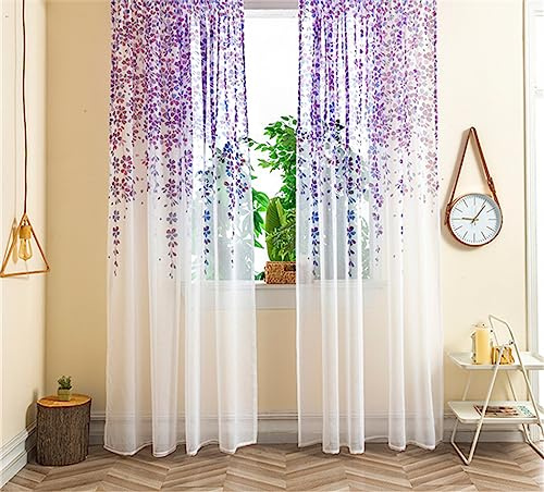 KEKUYA Voile Gardinen Vorhang halbtransparent 2er Set Vorhänge aus Gaze Stoff mit Ösen Atmungsaktiv Luftig Dekoschal für Wohnzimmer Schlafzimmer Kinderzimmer- Lila Blattblume(B140 x H213cm)