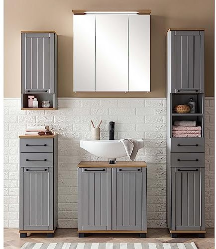 Lomadox Badezimmer Badmöbel Set, 5-teilig, grau mit Eiche Nb. im Landhaus Design | 1 Hängeschrank, 1 Badkommode, 1 Spiegelschrank mit LED, 1 Waschbeckenunterschrank, 1 Hochschrank