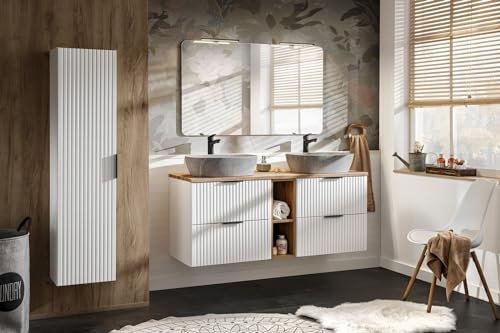 NAKA Adel Badmöbel-Set mit 2X Waschbecken Waschtisch 140 cm Spiegel mit LED-Beleuchtung Badschrank Soft Close Schubladen Badezimmerschrank Waschbeckenunterschrank Komplettes Set Weiß