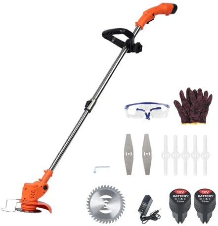 Electric Grass Trimmer,450W Garden Strimmer Cordless with Blades Trimmer Telescopic Rod Home Weed Eater Cutter Lightweight 2 Batteries (12V 2.0Ah) for Clearing Weeds Flower Trees (orange)