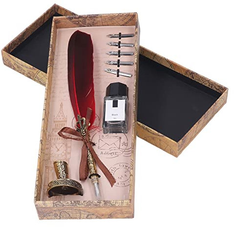 Cyrank Federstift-Set, Kalligraphie-Stift-Tintenkiel-Tauchstift-Set Mit 5 Spitzen Und Ständer, Nachfüllbare Tinten-Tauchstifte Zum Schreiben, Zeichnen, Unterschreiben Und Als Geburtstagsgeschenk(Rot)