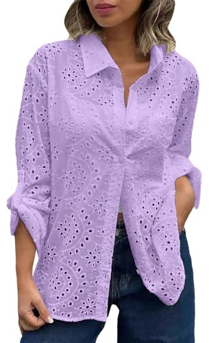 YCBMINGCAN Camisa de ganchillo bohemia para mujer, mangas abullonadas, encaje, ojetes, camisa, blusa, traje tradicional, A-lila, 4XL