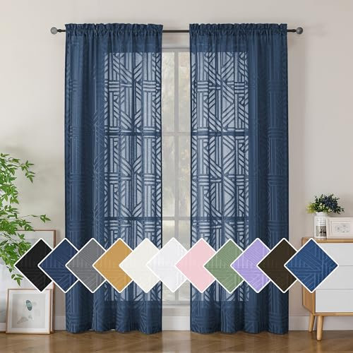 Simplebrand Navy Blue Sheer Curtains 72 Inch Length 2 Panels for Living Room, Light Filtering Geometric Jacquard Clip Textured Rod Pocket Semi Sheer Curtains for Front Back Patio Glass Door，42x72 inch