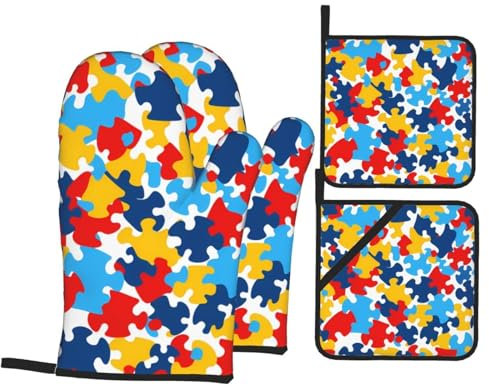 YYHWHJDE Set di 4 guanti da forno e presine stampati a forma di cuore per sensibilizzazione all'autismo, spessi e resistenti, anti-scottatura e termoisolanti