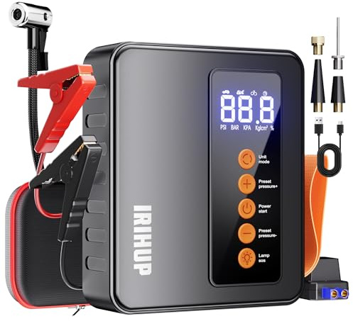 Starthilfe Powerbank mit Luftkompressor, 6000A 150PSI Auto Starthilfe (10L Benzin/9L Diesel), 12V Starthilfe,Powerbank für Auto mit 600 Lumen LED