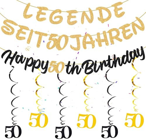 Girlande Geburtstag 50. Mädchen Junge - 42 Stücke Geburtstagsdeko Banner, Schwarz Gold Dekorationen Spiralen Hängedeko Happy Birthday Hängende für Kinder Party (Schwarz Gold 50)